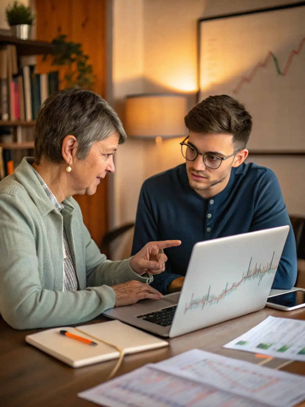 A TruthX Acquisitions mentor guiding a young entrepreneur through a sales strategy session, providing personalized advice and support.
