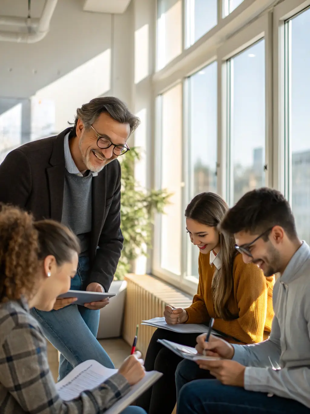 A TruthX Acquisitions mentor guiding a young employee through a project, offering advice and support in a modern office setting.